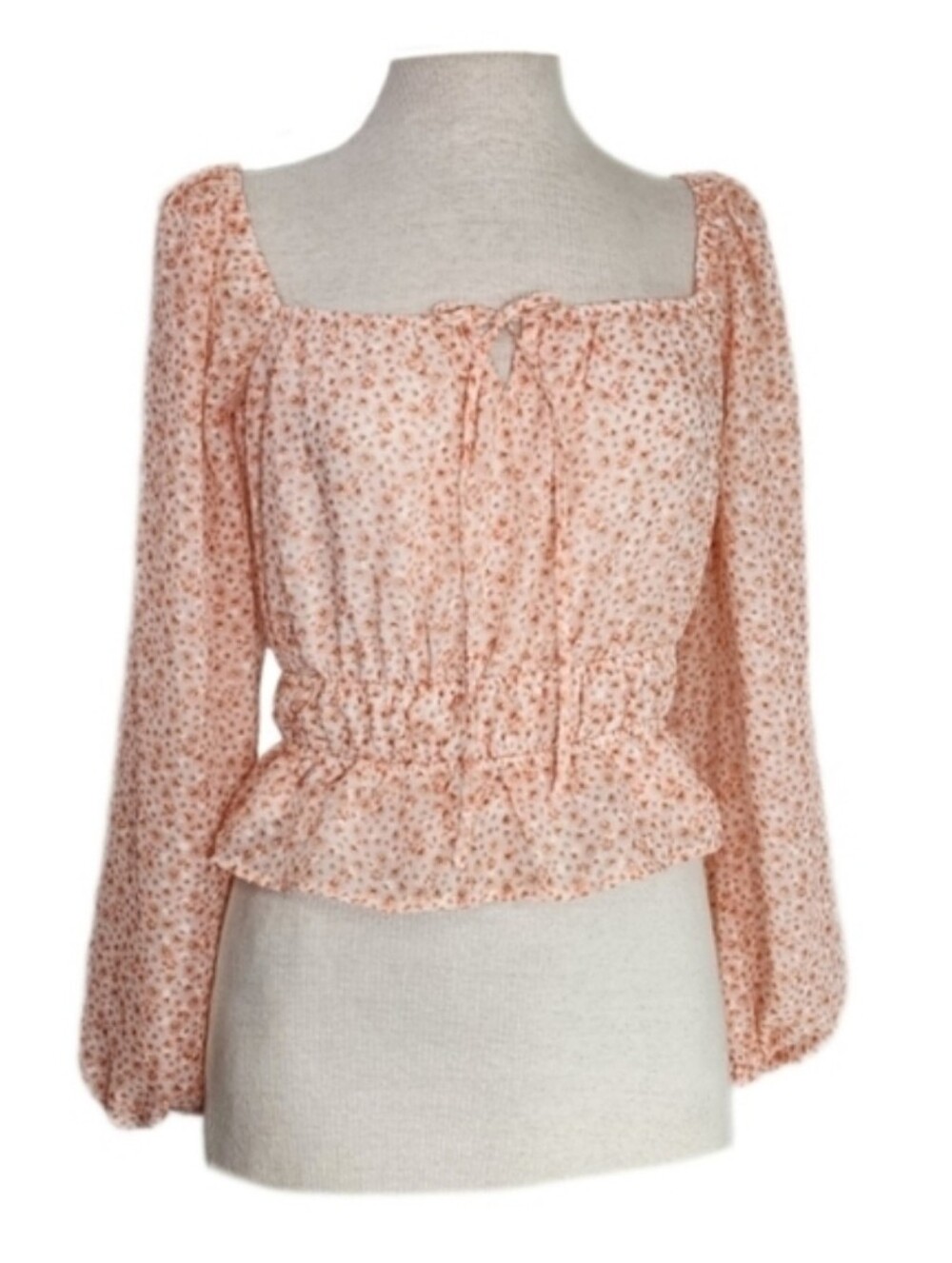 Lush Floral Puff Ballon Long Sleeve Tie Front Blouse Orange Size XS